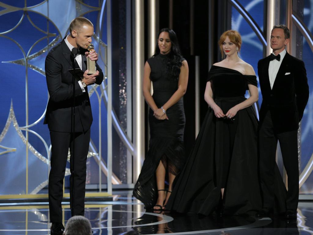 Alexander Skarsgard accepts the award for Best Performance by an Actor in a Supporting Role in a Series, Limited Series or Motion Picture Made for Television for Big Little Lies during the 75th Annual Golden Globe Awards. Picture: Getty