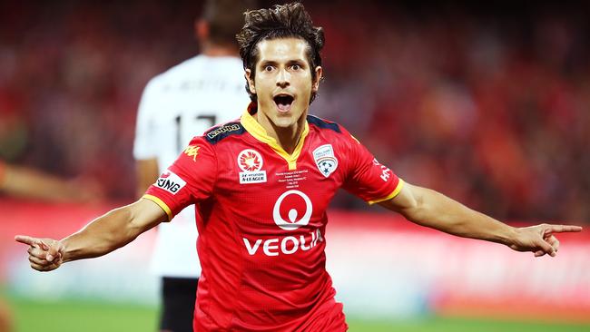 Former Adelaide United forward Pablo Sanchez celebrates his goal during the Reds’ maiden A-League grand final victory. Picture: Morne de Klerk/Getty Images