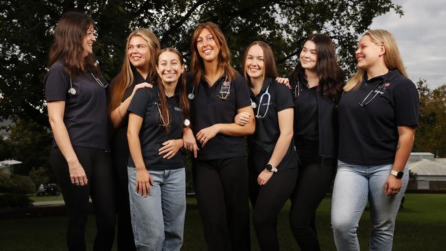 L-R Holly Sluijter, Maggie Roberts, Ellie Thunder, Jess Dobbie, Jasmine Downham, Claudia Gaffney, Molly Browning.  UTAS Bachelor of Nursing students who are heading off to Nepal to do health care work.  Picture: Nikki Davis-Jones