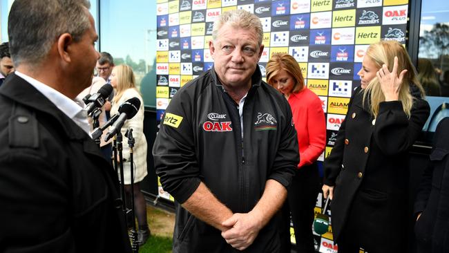 Penrith Panthers general manager Phil Gould leaves a press conference in Sydney, Tuesday, August 7, 2018. Gould said Penrith have received a dozen job applications, including some from rival NRL head coaches, since their decision to sack Anthony Griffin. (AAP Image/Joel Carrett) NO ARCHIVING