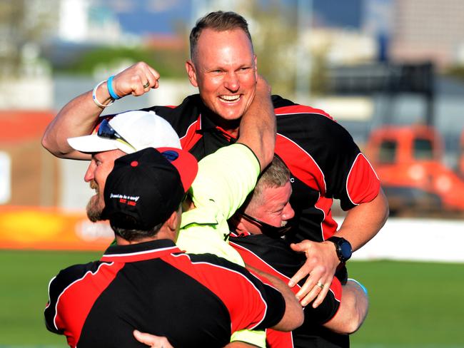 Adelaide Footy League, Division 1 Grand Final Tea Tree Gully v Rostrevor at Thebarton Oval, Saturday, September 22, 2018. Tea Tree Gully coach Justin Maschotta celebrates their win. (AAP Image/ Brenton Edwards)