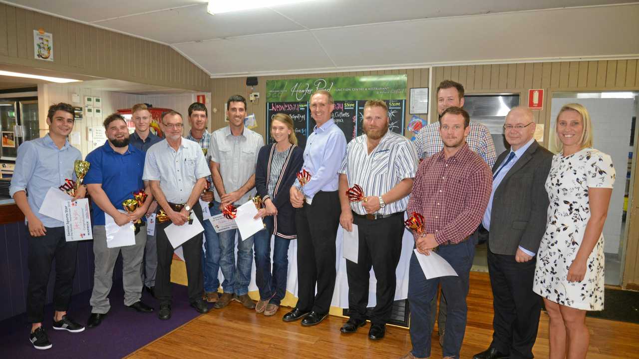 Daily News/Warwick Credit Union Senior Sports Star monthly winners (from left) Jake Wyllie, Tom Hardy, Cahal Davis, Greg Wallace, Mitch Eastwell, Adam Byrne, Ryle Waugh, John Eder, Andrew McConnell, Angus Young, Ben Sullivan, Warwick Credit Union CEO Lewis von Stieglitz and guest speaker Delissa Kimmince. Picture: Gerard Walsh