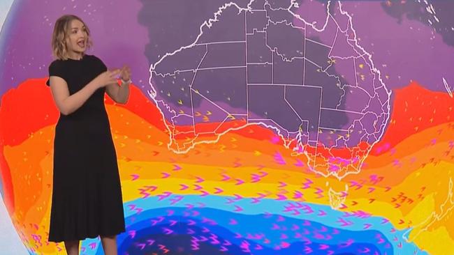 Sky Weather meteorologist Bradlyn Oakes showing how the extreme high pressure system will bring hot weather to the outback and southern states over this week. Picture: Sky Weather