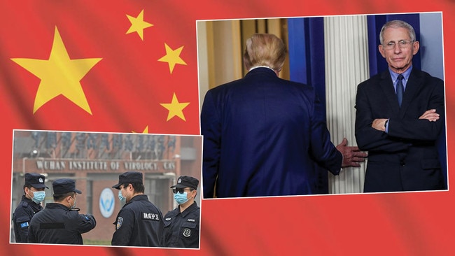 The Wuhan Institute of Virology, bottom left, and then-US President Donald Trump, exiting a briefing with Director of the National Institute of Allergy and Infectious Diseases, Dr Anthony Fauci, right. Pictures: AFP/Supplied