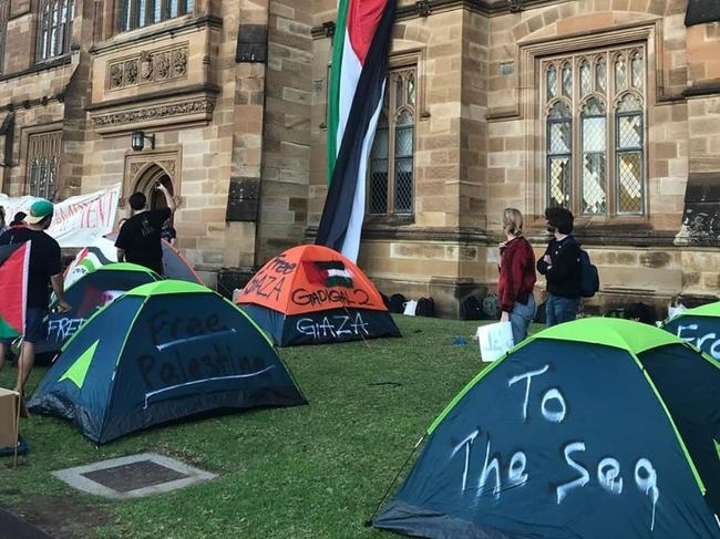 The encampment of pro-Palestinian students at Sydney University with tents with the inflammatory slogan “From the River to the Sea”.