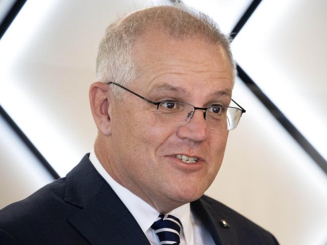 MELBOURNE, AUSTRALIA - NOVEMBER 16: Australian Prime Minister Scott Morrison speaks during the press conference at the physiotherapy business during a visit to Upwell Health Collective in Camberwell, on November 16, 2020 in Melbourne, Australia. (Photo by Sarah Matray - Pool/Getty Images)