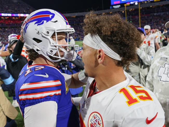 ORCHARD PARK, NEW YORK – NOVEMBER 17: Josh Allen #17 of the Buffalo Bills and Patrick Mahomes #15 of the Kansas City Chiefs embrace after a game at Highmark Stadium on November 17, 2024 in Orchard Park, New York. (Photo by Bryan Bennett/Getty Images)