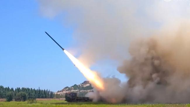 China fires a ballistic missiles during military exercises around Taiwan. Picture: AFP.