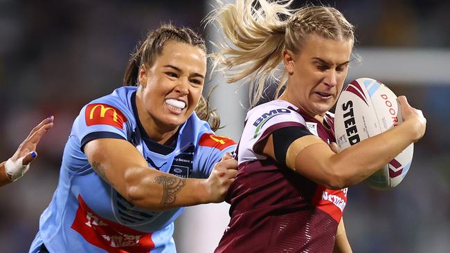 CANBERRA, AUSTRALIA - JUNE 24: Shenae Ciesiolka of the Maroons is tackled during the Women's State of Origin match between New South Wales and Queensland at GIO Stadium, on June 24, 2022, in Canberra, Australia. (Photo by Mark Nolan/Getty Images)