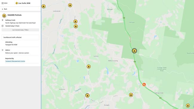 A map showing the potholes created by damaged from flooding rain hitting the Clarence area, including a large on on the Pacific Highway near Glenugie.