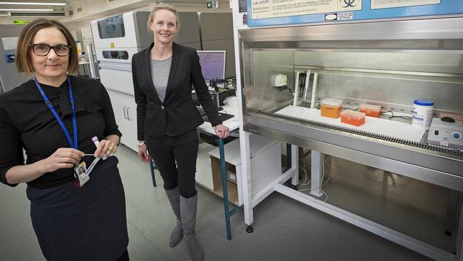 Director of Molecular Medicine and Infectious Diseases Dr Louise Cooley and Tasmanian Health Minister Sarah Courtney after expanding the capability for COVID-19 testing at the RHH. Picture Chris Kidd