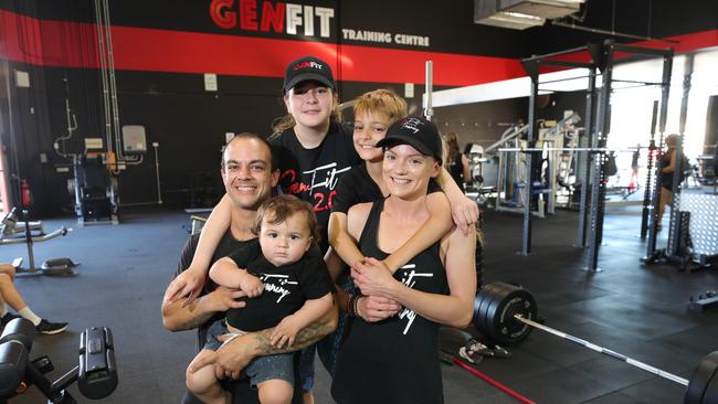 Michael Kassouh and family training at Genfit at Ormeau, winner of the Best Gold Coast gym 2023. They are Michael Kassouh, wife Jessica Bennett, and children Laila Jade Kassouh 12, Roman Kassouh 1, and Jay Kassouh 9. Picture Glenn Hampson