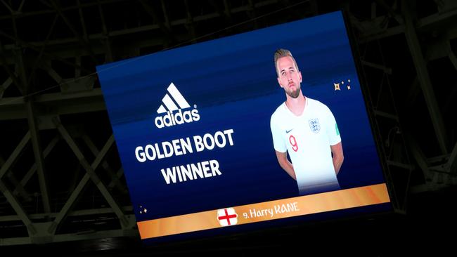 The big screen at the Luzhniki Stadium announces Harry Kane of England as the winner of the Golden Boot award. Photo: Getty Images