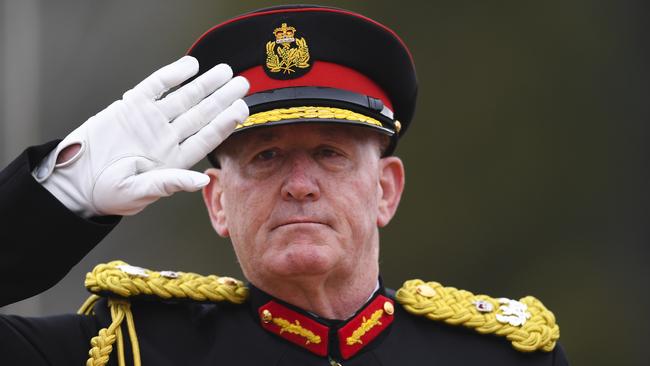 Governor-General Sir Peter Cosgrove salutes during the Queen’s Birthday Parade at the Royal Military College, Duntroon, on Saturday. Picture: AAP