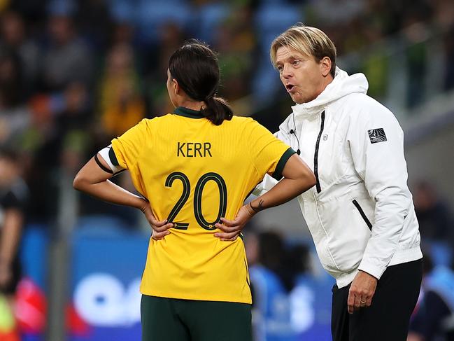 Matildas captain Sam Kerr and Gustavsson talk tactics ahead of next year’s FIFA Women’s World Cup. Picture: Mark Kolbe/Getty Images