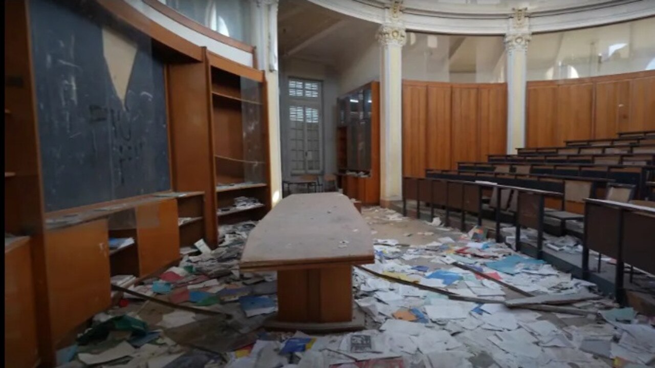 Today the palace sits littered with rubbish and broken walls and lights after plans for it to be a hub of Italian culture were scrapped during World War II. Picture: YouTube/abandonedcentral