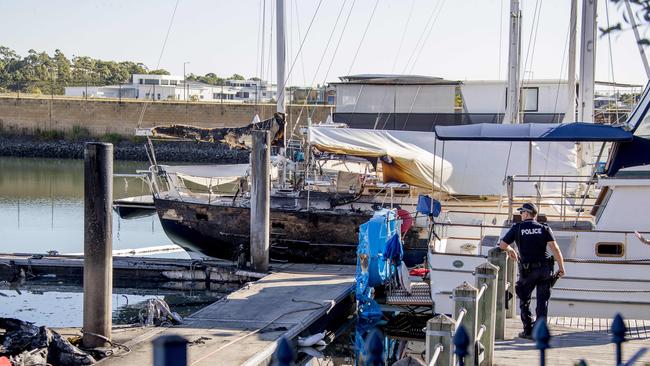 Scene of boat fires at Hope Harbour Marina at Hope Island. Picture: Jerad Williams