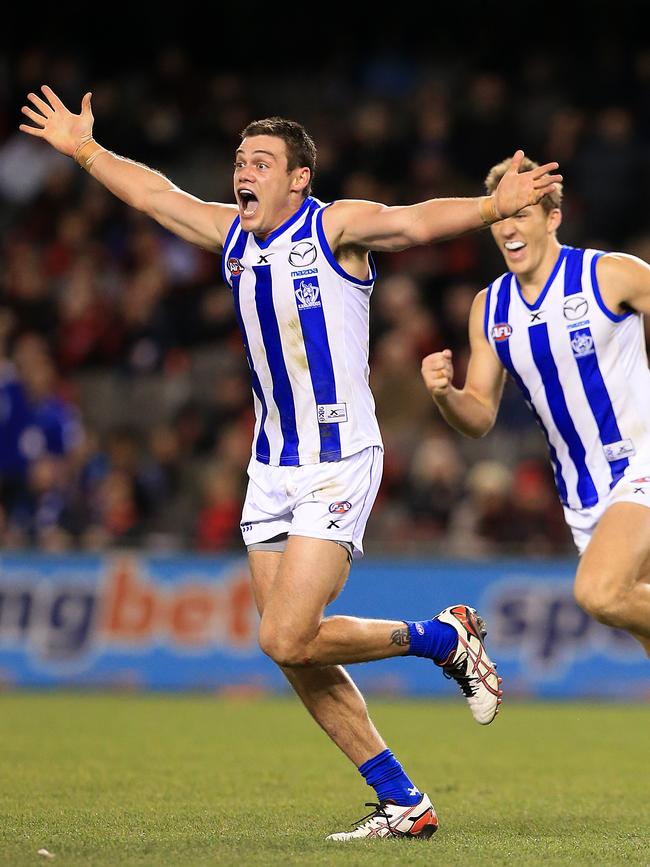 Grima celebrates a rare goal during his 86-game career with North Melbourne. Picture: File