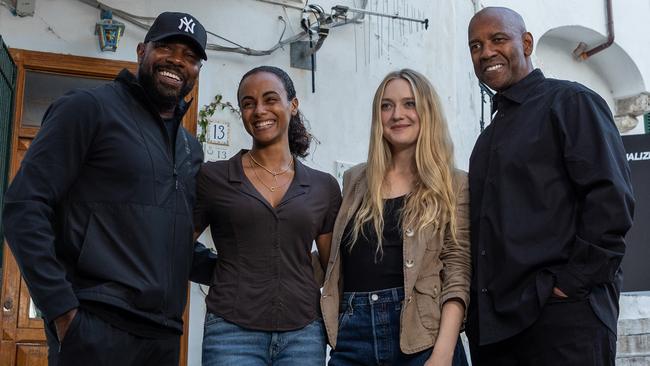 Director Antoine Fuqua, Gaia Scodellaro, Dakota Fanning, Denzel Washington on location for The Equalizer 3. Photo by: Stefano Cristiiano Montesi