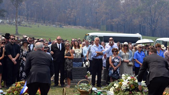 Relatives and friends at the funeral of local dairy farmers Patrick and Robert Salway, who died in the fires. Picture: Sam Mooy/Getty Images