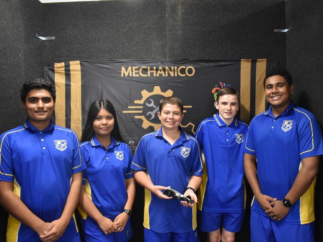 L-R:Mackay North State High School year 10 students Arya Patel, Kimberly Ortega, Owen Wapeles, Lachlan Bank and Eroni Tagicakitai are heading to Nationals for a F1 STEM competition in April, 2022. Picture: Madeleine Graham