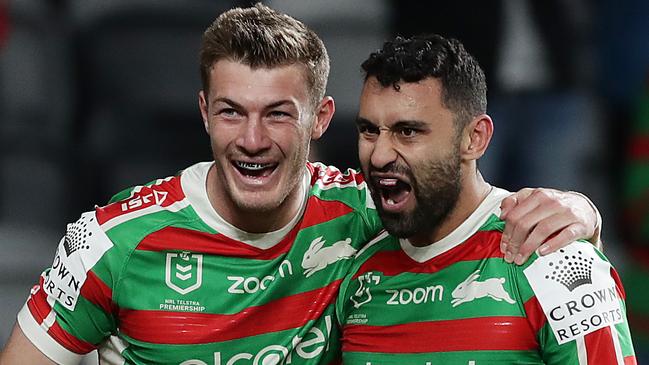 SYDNEY, AUSTRALIA - JULY 05: Alex Johnston of the Rabbitohs celebrates scoring a try with team mates during the round eight NRL match between the Canterbury Bulldogs and the South Sydney Rabbitohs at Bankwest Stadium on July 05, 2020 in Sydney, Australia. (Photo by Mark Metcalfe/Getty Images)