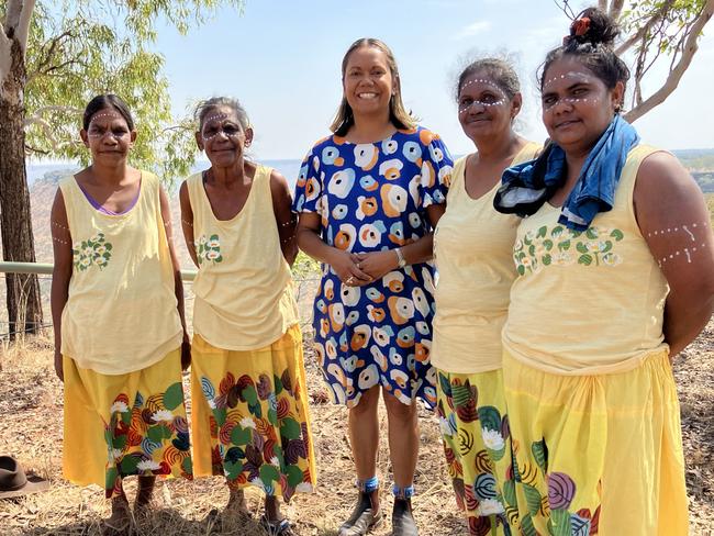 Minister for Parks and Rangers Selena Uibo with Traditional Wardaman dancers at a newly upgraded campground now open at Gregory National Park.