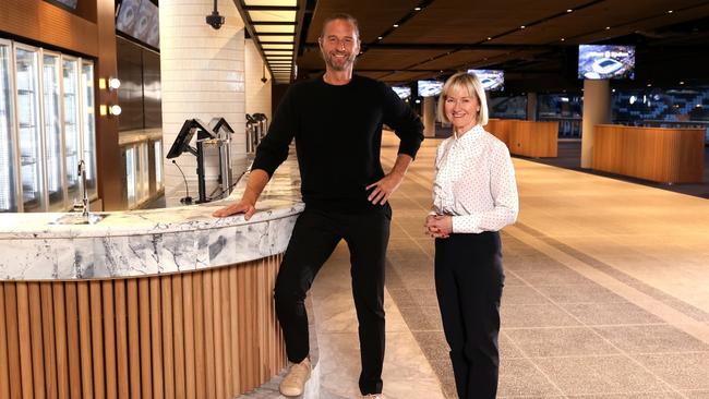 Merivale CEO Justin Hemmes and Venues NSW Chief Executive Officer Kerrie Mather at Allianz Stadium.