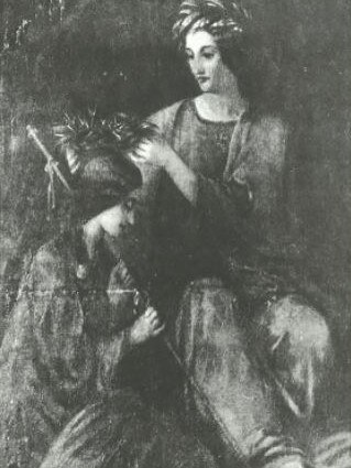 A black and white photo of The Pilgrim of Art, Crowned by the Genius of Art, painted by Adelaide Ironside in 1859, shows the artist and her mother.