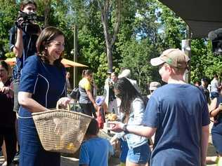 TOO HARD: The Premier was happy handing out rubber ducks to children at Kershaw Gardens in Rockhampton on Saturday but less comfortable answering questions about allegations of ministerial misconduct. Picture: Christine McKee