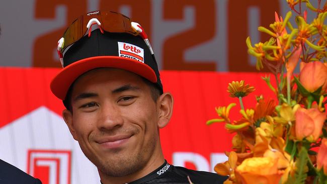 MURRAY BRIDGE, AUSTRALIA - JANUARY 24: Podium / David Lappartient of France President of the Union Cycliste Internationale UCI / Caleb Ewan of Australia and Team Lotto-Soudal / Celebration / during the 22nd Santos Tour Down Under 2020, Stage 4 a 152,8km stage from Norwood to Murray Bridge / TDU / @tourdownunder / #UCIWT / on January 24, 2020 in Murray Bridge, Australia. (Photo by Tim de Waele/Getty Images)