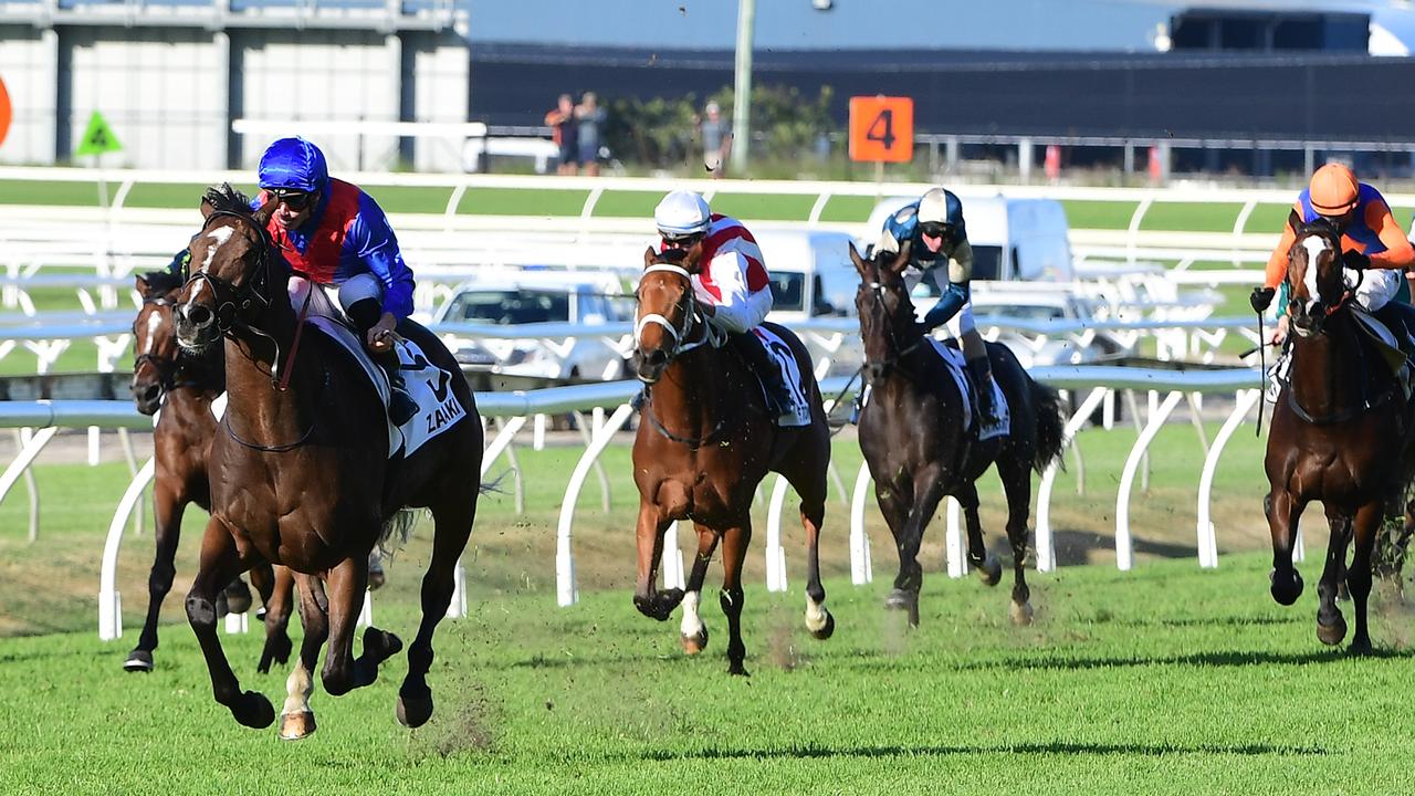 Zaaki, ridden by James McDonald, races away to win the Doomben Cup. Picture: Grant Peters/Trackside Photography