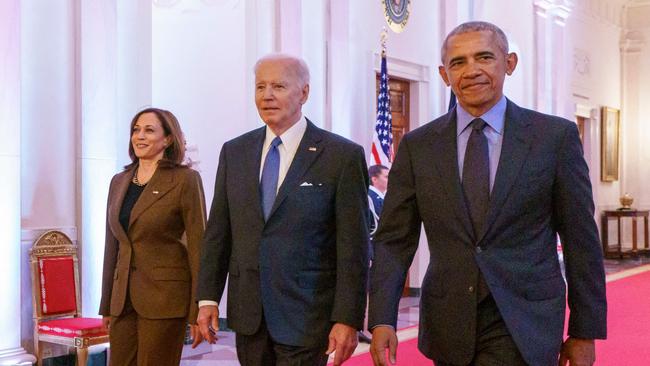 US Vice President Kamala Harris, US President Joe Biden, and former president Barack Obama arrive to deliver remarks on the Affordable Care Act and Medicaid on April 5.