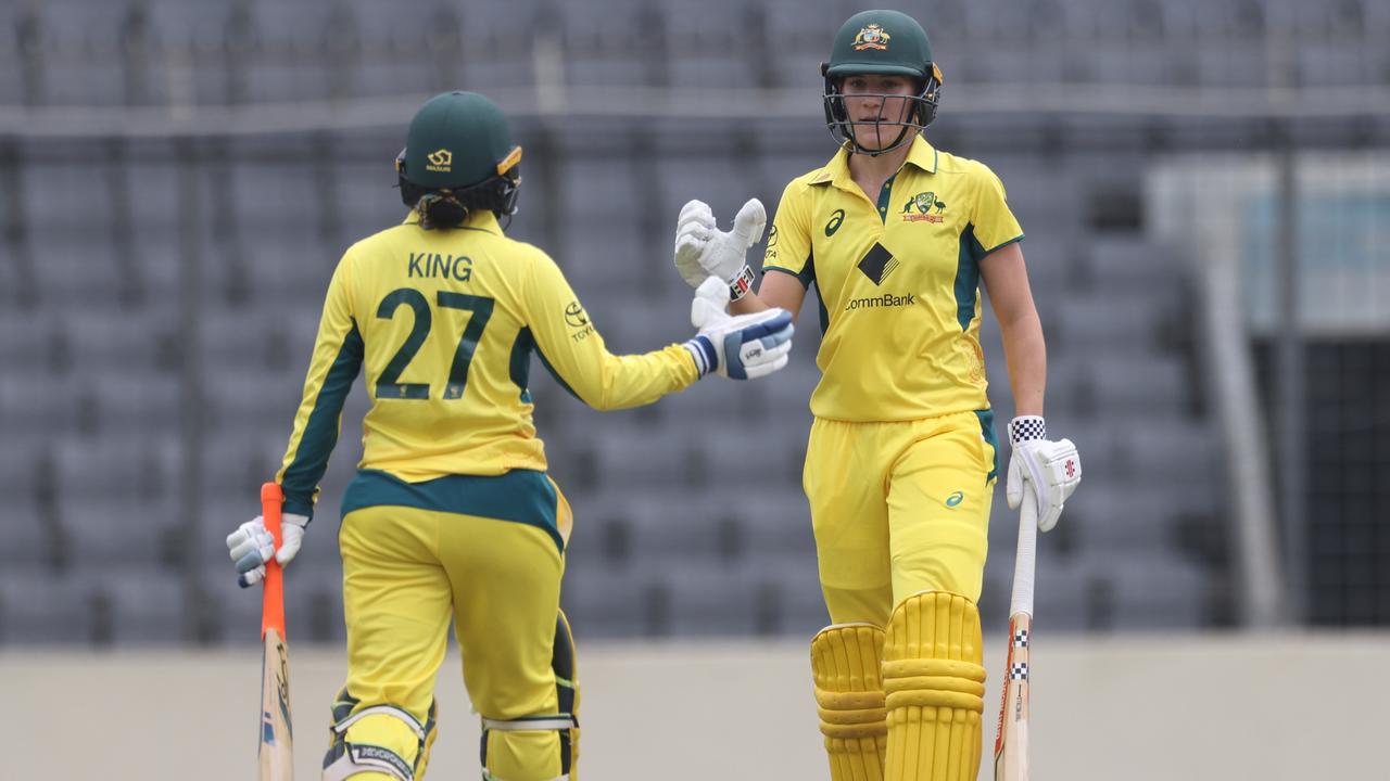 Alana King and Annabel Sutherland saved the Aussies with a matchwinning partnership. Picture: Abhishek Chinnappa/Getty Images