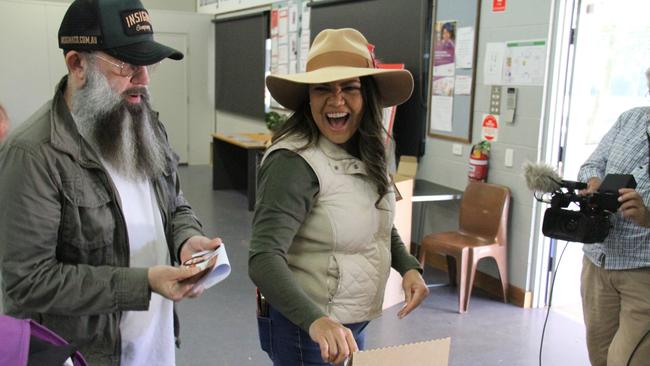 NT Senator Jacinta Price casts her vote alongside her husband Colin Lillie in the 2025 federal election at Braitling Primary School, Alice Springs, May 3, 2025. Picture: Gera Kazakov