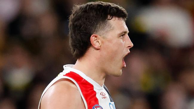 MELBOURNE, AUSTRALIA - AUG 11: Rowan Marshall of the Saints celebrates a goal during the 2024 AFL Round 22 match between the Richmond Tigers and the St Kilda Saints at Marvel Stadium on August 11, 2024 in Melbourne, Australia. (Photo by Dylan Burns/AFL Photos via Getty Images)