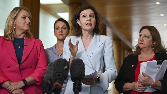 Kylea Tink, Sophie Scamps and Allegra Spender hold a press conference at Parliament House in Canberra. Picture: Martin Ollman/NCA NewsWire