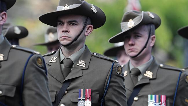 Soldiers marching at the Anzac Day march and service in Hobart in 2019. Picture: LUKE BOWDEN