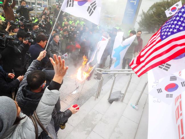 South Korean protesters argue Seoul has swallowed Pyongyang’s propaganda. Picture: AFP/YONHAP