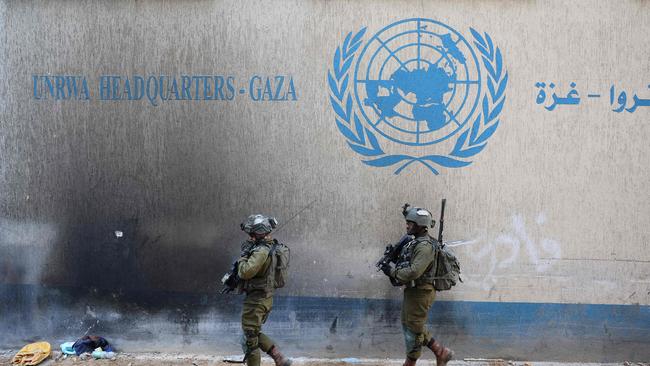 Israeli soldiers inside a compound of the United Nations Relief and Works Agency for Palestine Refugees (UNRWA) in the Gaza Strip, amid ongoing fighting between Israel and the Palestinian militant group Hamas. Picture: Jack Guez/AFP