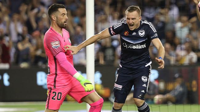 Besart Berisha of the Victory celebrates a goal.