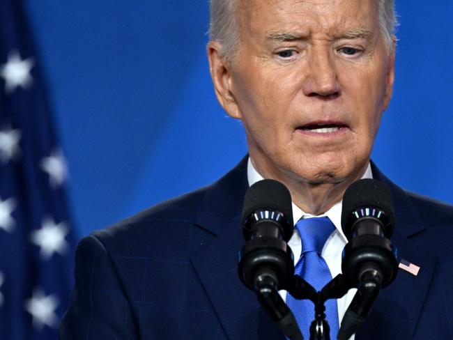 US President Joe Biden gestures as he speaks during a press conference at the close of the 75th NATO Summit at the Walter E. Washington Convention Center in Washington, DC on July 11, 2024. (Photo by SAUL LOEB / AFP)