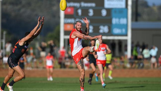 Sydney ruck recruit Peter Ladhams kicked two goals in Friday night’s practice match at Lavington Sports Ground. Picture: Mark Jesser