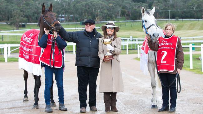 Five-time Melbourne Cup-winning owner Lloyd Williams with VRC chairman Amanda Elliott at Macedon Lodge. Picture: Karon Photography