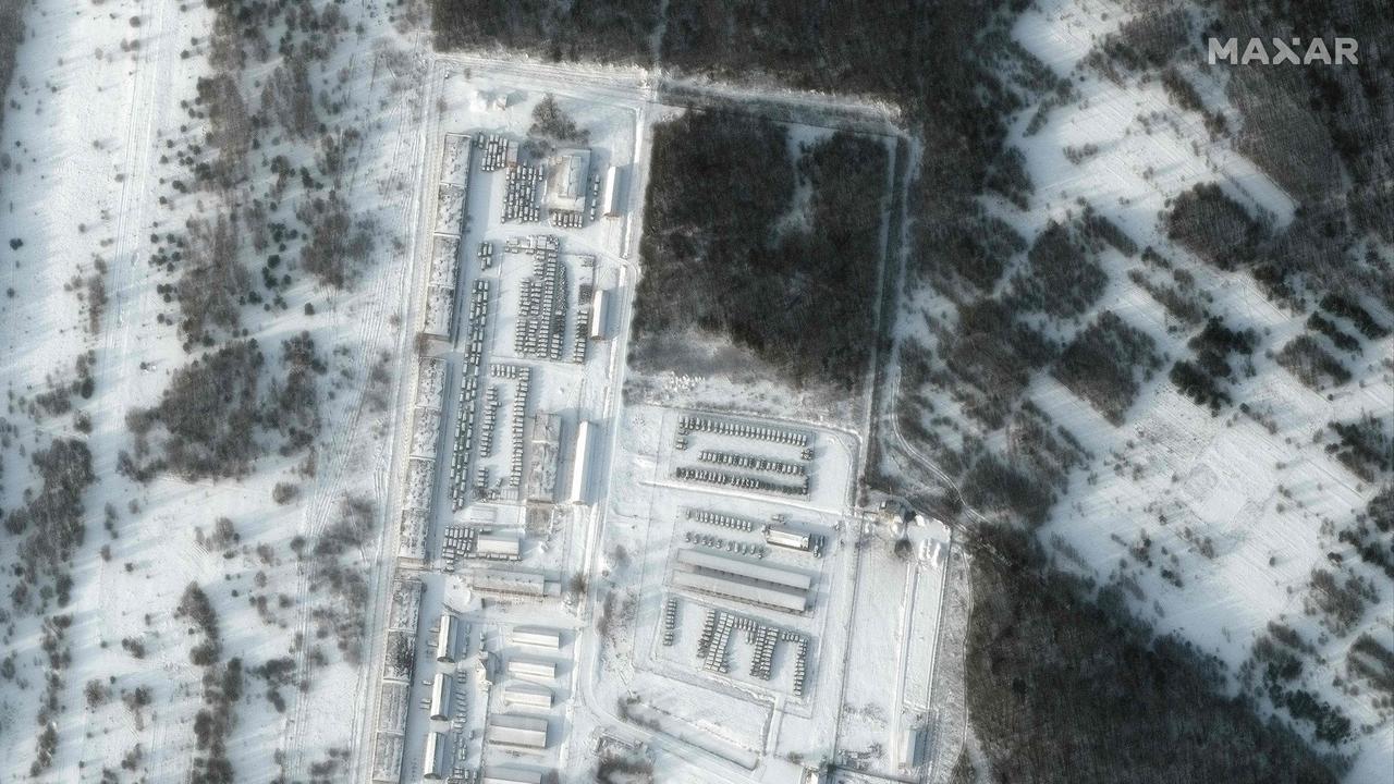 Satellite image shows equipment deployed to Klimovo, in Bryansk Oblast, 13 kilometres north of the Russia/Ukraine border. Picture: AFP.