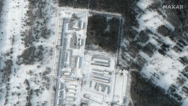 Satellite image shows equipment deployed to Klimovo, in Bryansk Oblast, 13 kilometres north of the Russia/Ukraine border. Picture: AFP.