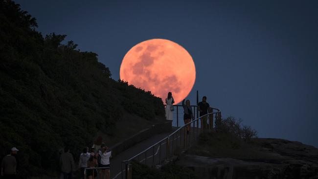 A super moon rises behind people standing on a headland near Sydneyâs Bondi Beach on October 17, 2024. (Photo by DAVID GRAY / AFP)