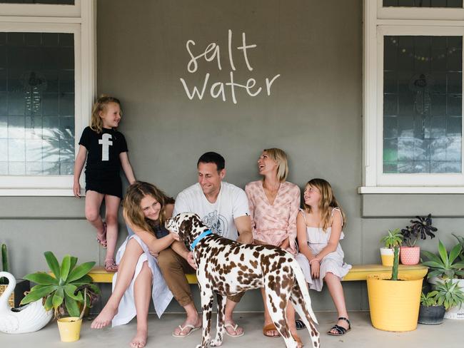 Bec with husband James Wakelin and children Frankie, Grace, Milla and their dog Henley. Picture: Meaghan Coles