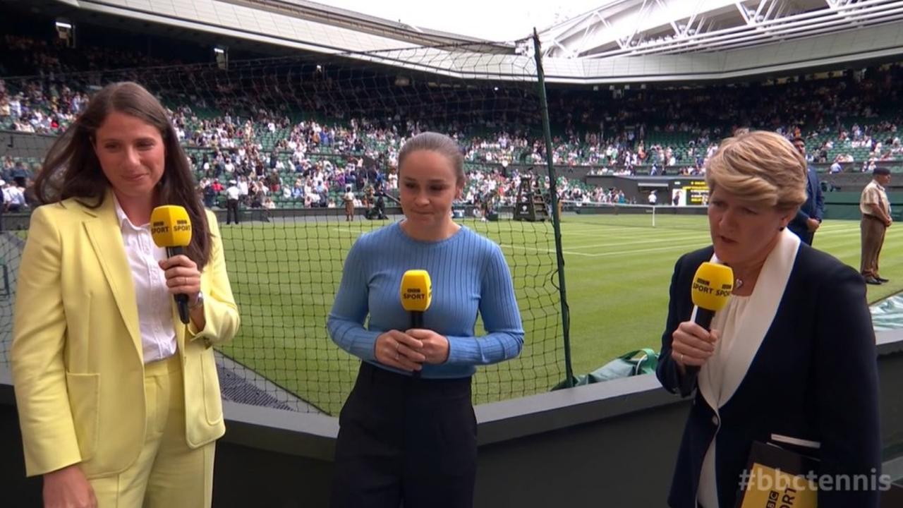 Ash Barty (centre) is making her tennis commentary debut at Wimbledon. Photo: X.
