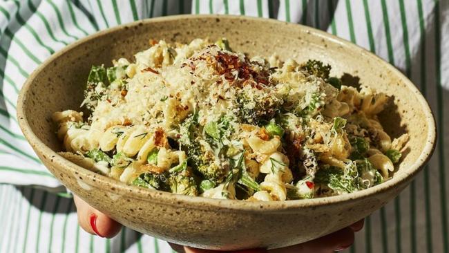 Charred broccoli and pea pasta salad by Jessica Prescott.